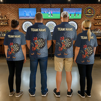 Blue Hexagon Splatter Funny Rooster Darts Polo & 1/4-Zip Shirt Custom Dart Jersey For Women NYN3082