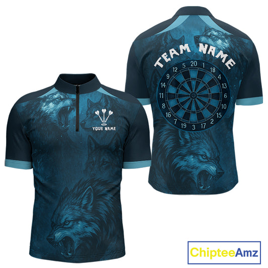 Men’s Team Darts Shirt With Dark Navy Wolves And Grunge Dartboard Pattern NYN0306