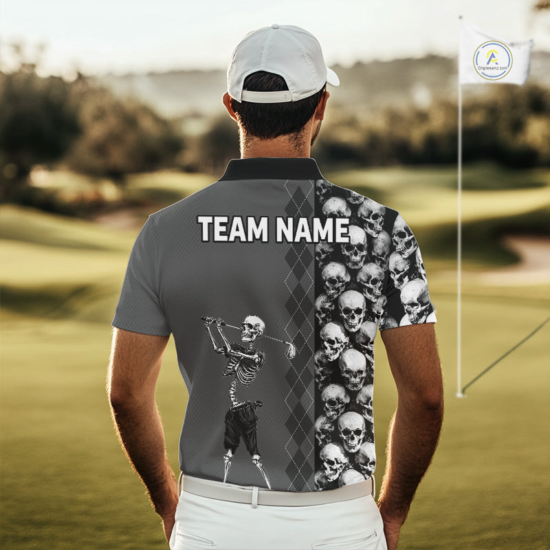 Men's model wearing Grey Skeleton Golf Polo Shirt, personalized skull golf apparel, Halloween golf outfit, custom golf team polo, gothic golf fashion, performance golf clothing.