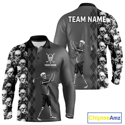 Grey Skeleton Men's Golf Polo Shirt mockup with skull graphic, personalized golf shirt, custom name golf polo, Halloween golf apparel, moisture-wicking performance golf jersey, gothic sports fashion.