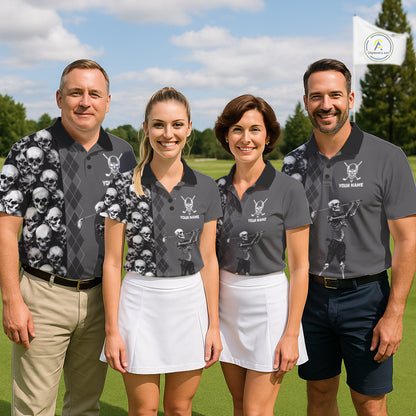 Golf team wearing Grey Skeleton Golf Polo Shirts, custom skull golf uniforms, Halloween golf tournament apparel, personalized golf club jerseys, gothic golf team clothing.