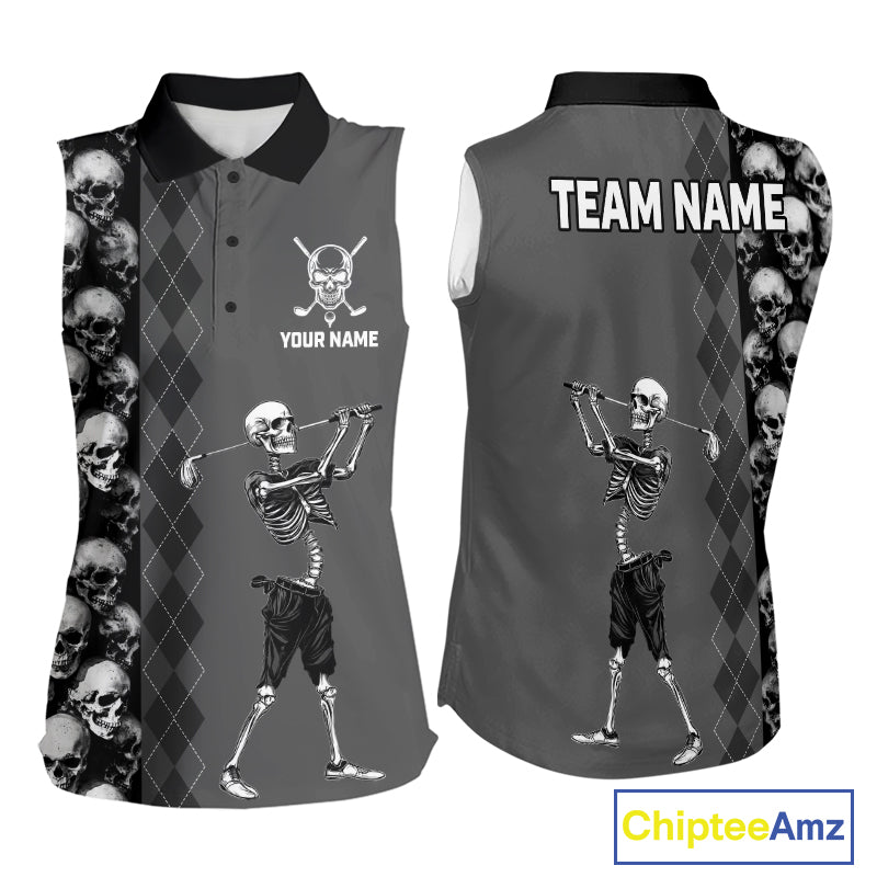 Grey Skeleton Sleeveless Golf Polo Shirt mockup featuring skull design, personalized golf polo, custom golf team apparel, Halloween golf shirt, gothic golf fashion, performance sleeveless golf clothing, skull sportswear.