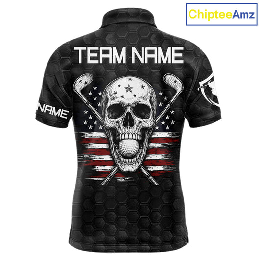 Black White Skull US Flag Men's Golf Polo Shirt mockup, personalized patriotic golf shirt, skull American flag golf apparel, custom golf jersey, performance polo, Memorial Day and Independence Day golf clothing.