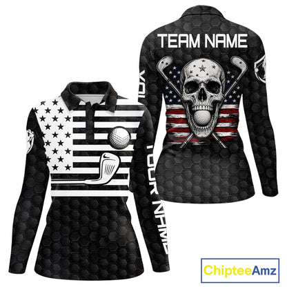 Black and White Skull US Flag Women's Golf Polo Shirt mockup featuring patriotic skull design, personalized women's golf apparel, American flag golf polo, custom golf team shirt, Memorial Day and Independence Day golf clothing.
