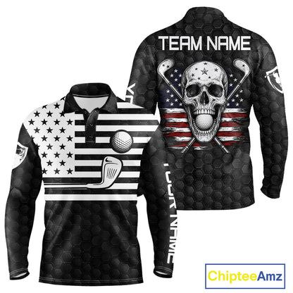 Black White Skull US Flag Men's Golf Polo Shirt mockup, personalized patriotic golf shirt, skull American flag golf apparel, custom golf jersey, performance polo, Memorial Day and Independence Day golf clothing.