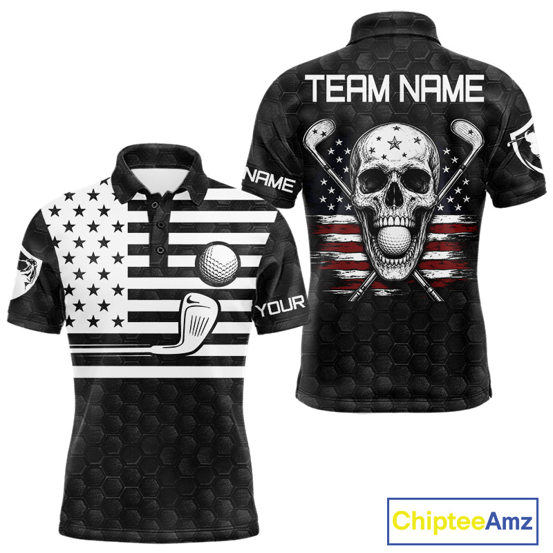 Black White Skull US Flag Men's Golf Polo Shirt mockup, personalized patriotic golf shirt, skull American flag golf apparel, custom golf jersey, performance polo, Memorial Day and Independence Day golf clothing.
