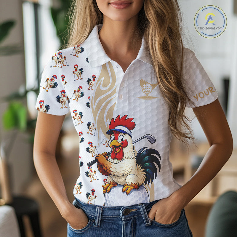 Women's model wearing Funny Rooster Golf Polo Shirt, oversized rooster golf apparel, farm animal golf fashion, matching golf couple outfit, personalized golf clothing.