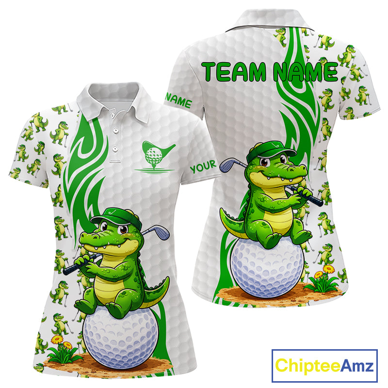 Funny Alligator Women's Golf Polo Shirt mockup featuring alligator mascot, personalized women's golf apparel, wildlife golf clothing, custom golf team polo, Florida golf fashion, performance golf tournament shirt.