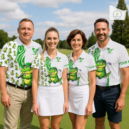 Golf team wearing Funny Alligator Golf Polo Shirts, custom golf uniforms, wildlife mascot golf apparel, golf outing jerseys, personalized golf tournament clothing.