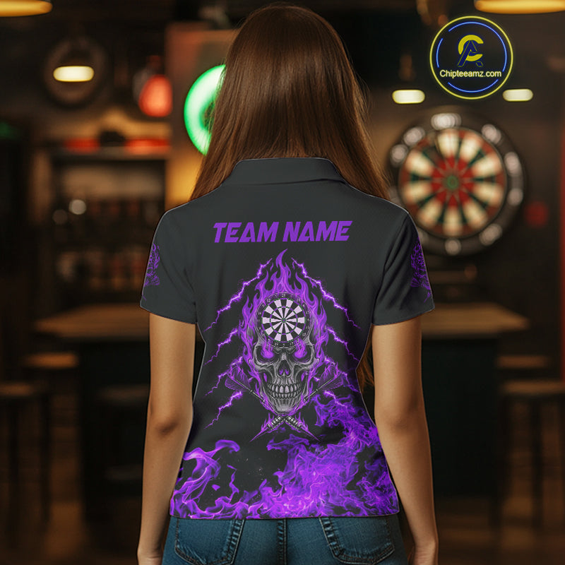 Custom Purple Flames Skull Dart Arrow Women Men Polo Jerseys Flame Dart Team Shirt NYN1708