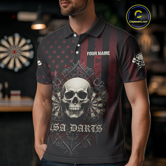 Custom Red Gothic Skulls Dartboard Patriotic Men Darts Polo Shirt US Flag Darts Jersey NYN1974