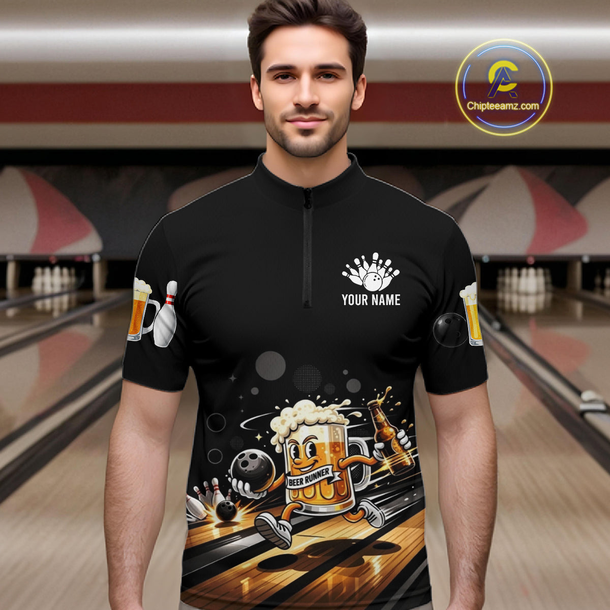 Personalized Beer Runner Funny Bowling Team Shirts For Men Bowling Polo & 1/4-Zip Jersey NYN2724