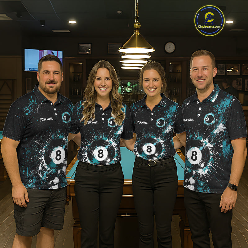 Black And Teal 8 Ball Pool Men Billiard Shirt Personalized Splatter Paint Billiard Jersey For Pooler NYN3088