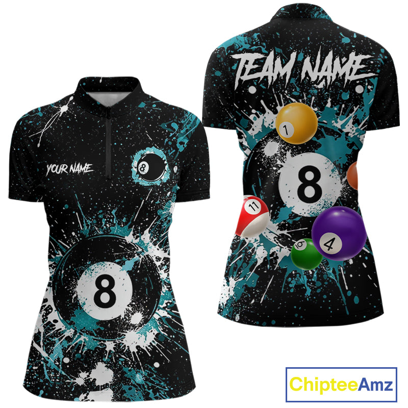 Black And Teal 8 Ball Pool Women Billiard Shirt Personalized Splatter Paint Billiard Jersey For Pooler NYN3088