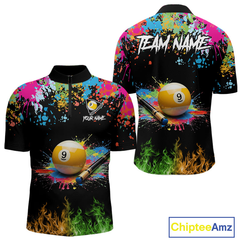 Colorful Paint & Flame 9 Ball Billiard Shirt For Men Personalized Cue Billiard Team Shirt NYN3089