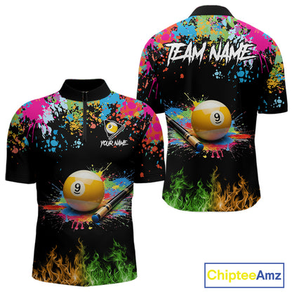 Colorful Paint & Flame 9 Ball Billiard Shirt For Men Personalized Cue Billiard Team Shirt NYN3089