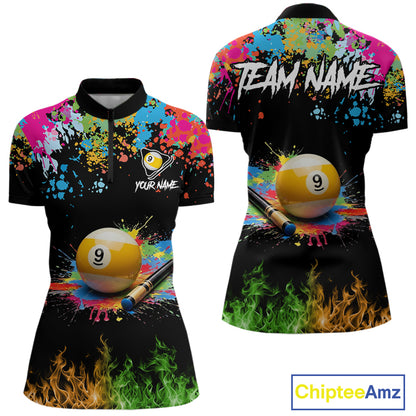Colorful Paint & Flame 9 Ball Billiard Shirt For Women Personalized Cue Billiard Team Shirt NYN3089