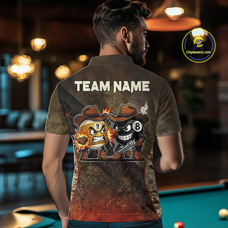 Funny Couple 8 Ball & 9 Ball Cowboys Billiard Shirt For Men Custom Brown Camo Billiard Pool Team Shirt NYN3092