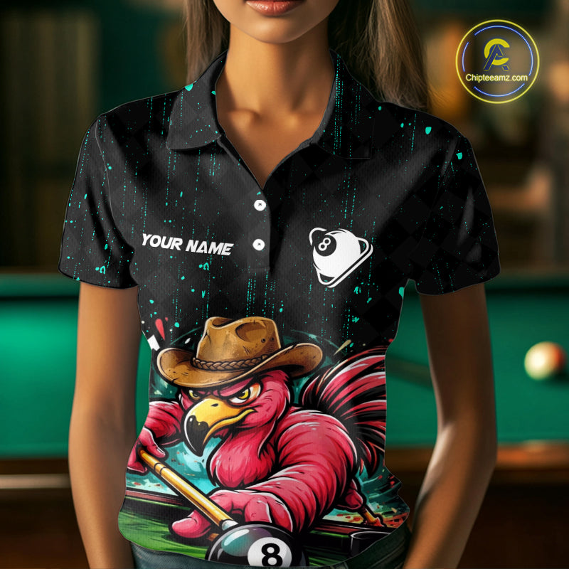 Funny Flamingo Play 8 Ball Pool Billiard Shirt For Women Custom Teal Splatter Billiard Pool Team Shirt NYN3093