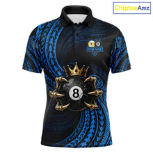Load image into Gallery viewer, Blue Tribal Skull Crown men's billiard polo shirt custom 8 ball 9 ball pool jersey, personalized billiards team apparel