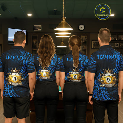 Blue Tribal Pattern Womens Billiard Shirts Custom Skull Crown 8 Ball & 9 Ball Billiard Team Jersey NYN3541