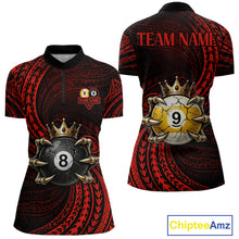 Load image into Gallery viewer, Red Tribal Skull Crown women's quarter zip billiard shirt custom cue sports team jersey, APA league uniform
