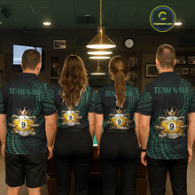 Load image into Gallery viewer, Men women billiard team wearing Green Tribal Skull Crown custom billiards uniforms and tournament jerseys