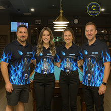 Load image into Gallery viewer, Men women billiard team wearing Blue Grim Reaper custom fire flame pool uniforms, professional billiards jerseys