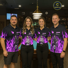 Load image into Gallery viewer, Men women billiard team wearing Purple Grim Reaper custom pool uniforms, professional billiard jersey