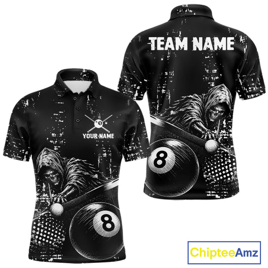 Grim Reaper Plays 8 Ball men's billiard polo shirt custom black white grunge pool jersey, personalized billiards apparel