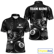 Load image into Gallery viewer, Grim Reaper Plays 8 Ball men's billiard polo shirt custom black white grunge pool jersey, personalized billiards apparel