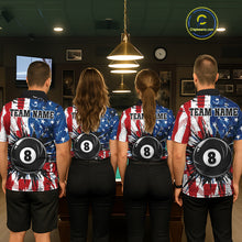 Load image into Gallery viewer, Men women billiard team wearing American Flag Strikes 8 Ball custom patriotic pool uniforms, USA billiards team jerseys