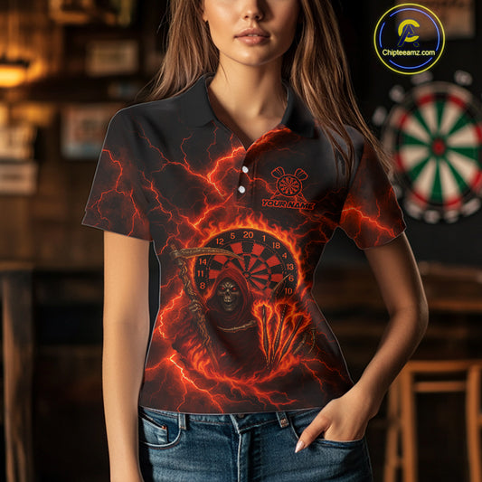 Custom Red Flames Grim Reaper Lightning Dart Women Polo Jerseys Outfits Dart Gifts NYN1719