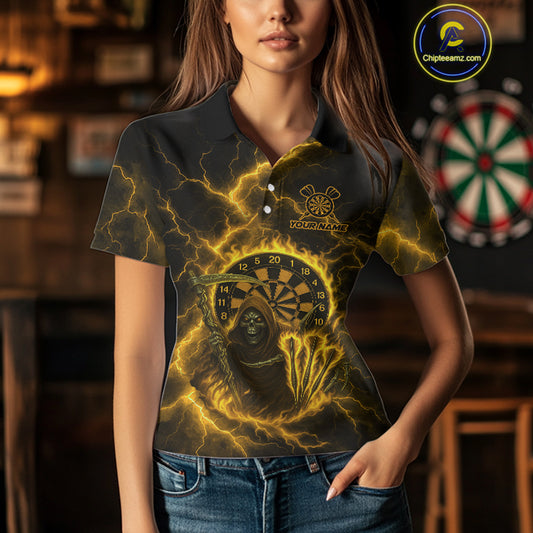 Custom Yellow Flames Grim Reaper Lightning Dart Women Polo Jerseys Outfits Dart Gifts NYN1721