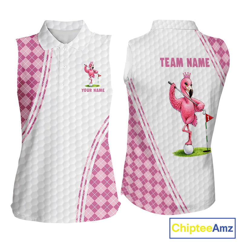 Funny Womens Golf Sleeveless Polo Shirt Custom Crown Flamingo Pink Argyle Pattern Golf Clothing Shirts NYN2876