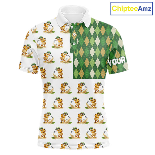 Funny Duck Polo Shirt Mens Golf Polo Shirts Custom Green Argyle Pattern Duck Golf Shirts NYN2879