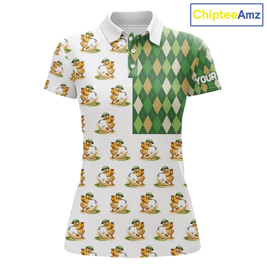 Funny Duck Polo Shirt Womens Golf Polo Shirts Custom Green Argyle Pattern Duck Golf Shirts NYN2879
