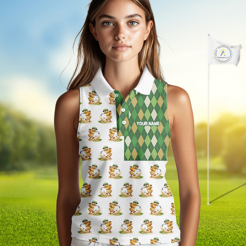 Funny Duck Sleeveless Polo Shirt Womens Golf Polo Shirts Custom Green Argyle Duck Golf Shirts NYN2879