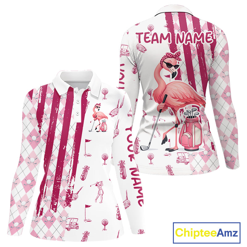 Custom Funny Flamingo Womens Golf Shirt Polo, Pink Paint Argyle Pattern Golf Team Outfits For Ladies NYN3095