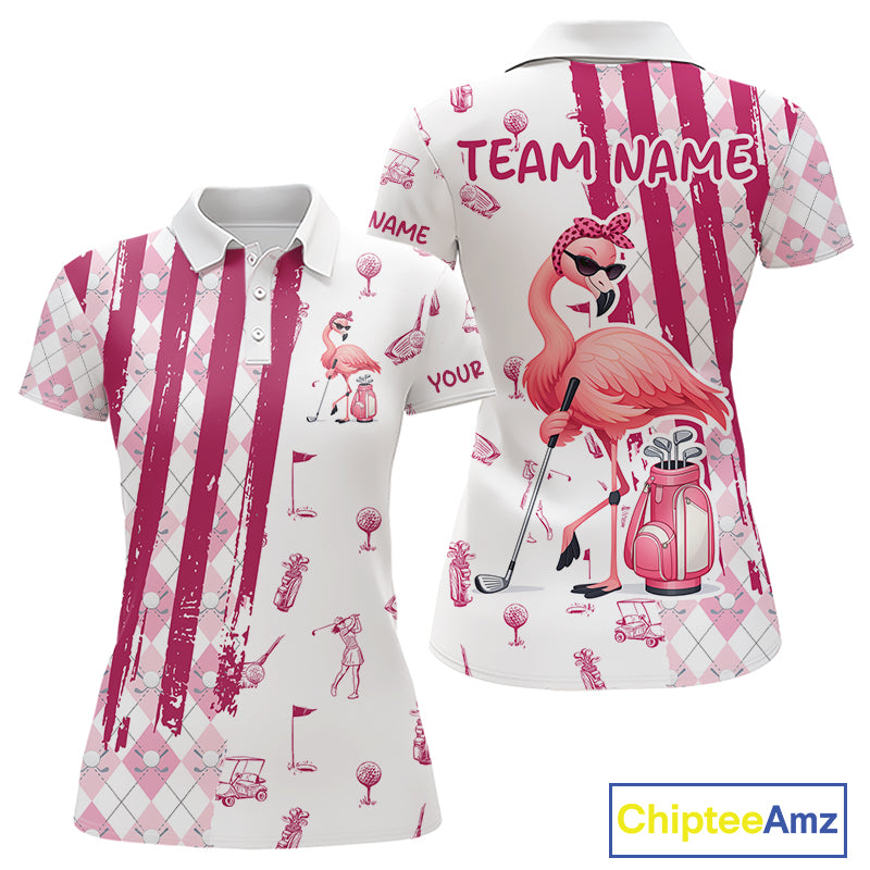Custom Funny Flamingo Womens Golf Shirt Polo, Pink Paint Argyle Pattern Golf Team Outfits For Ladies NYN3095