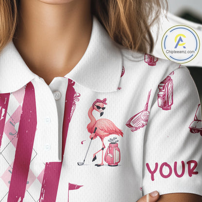 Custom Funny Flamingo Womens Golf Shirt Polo, Pink Paint Argyle Pattern Golf Team Outfits For Ladies NYN3095