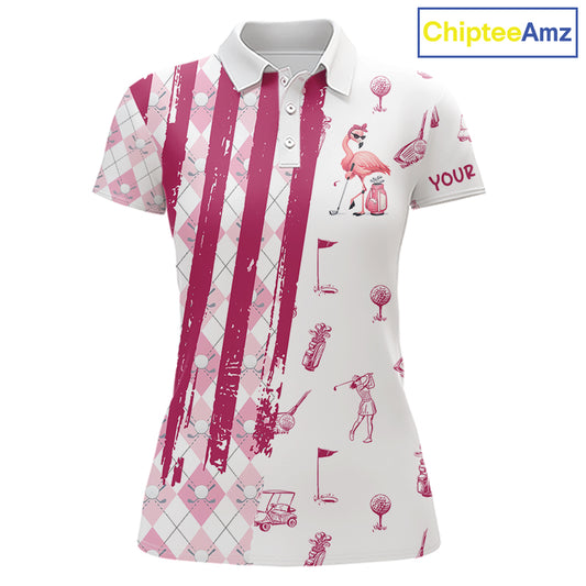 Custom Funny Flamingo Womens Golf Shirt Polo, Pink Paint Argyle Pattern Golf Team Outfits For Ladies NYN3095