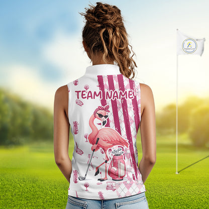Custom Funny Flamingo Womens Golf Shirt Sleeveless Polo, Pink Paint Argyle Pattern Golf Team Outfits For Ladies NYN3095