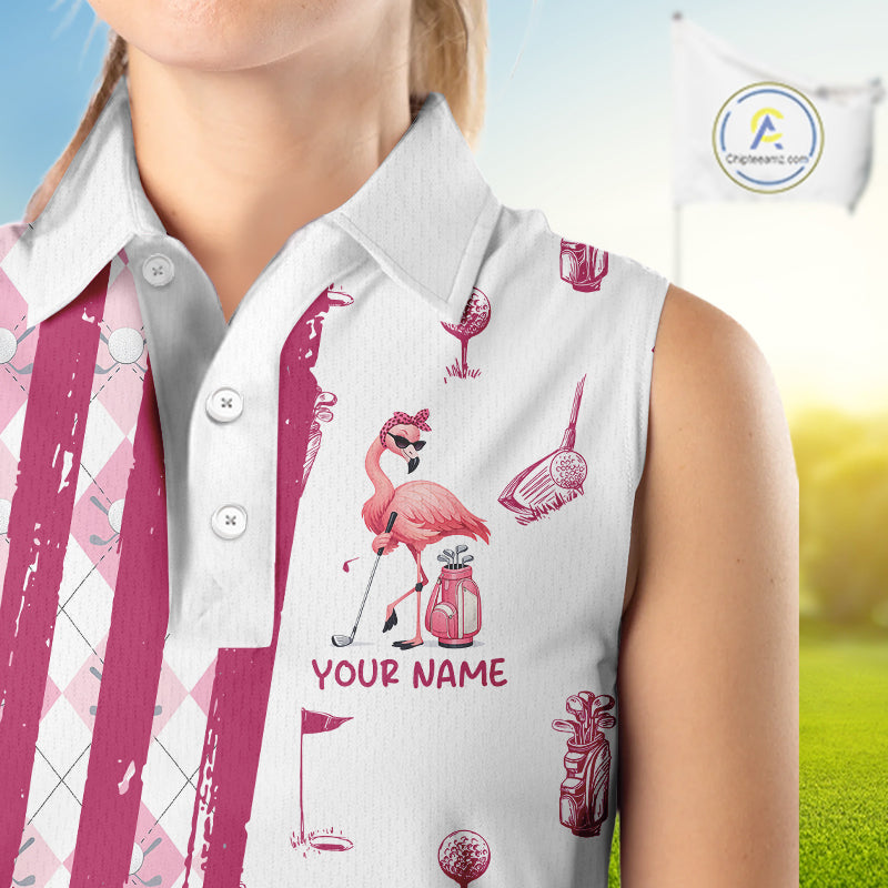 Custom Funny Flamingo Womens Golf Shirt Sleeveless Polo, Pink Paint Argyle Pattern Golf Team Outfits For Ladies NYN3095