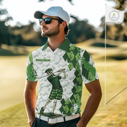 Funny Mens Golf Polo Shirt Custom Green Argyle Pattern Golf Ball Personalized Skull Golf Shirts NYN3100