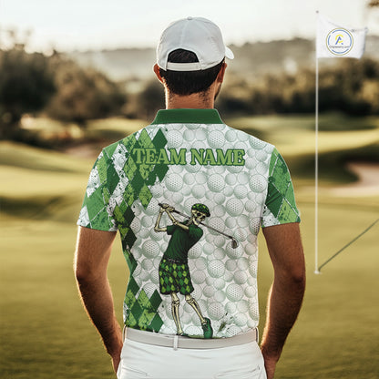 Funny Mens Golf Polo Shirt Custom Green Argyle Pattern Golf Ball Personalized Skull Golf Shirts NYN3100