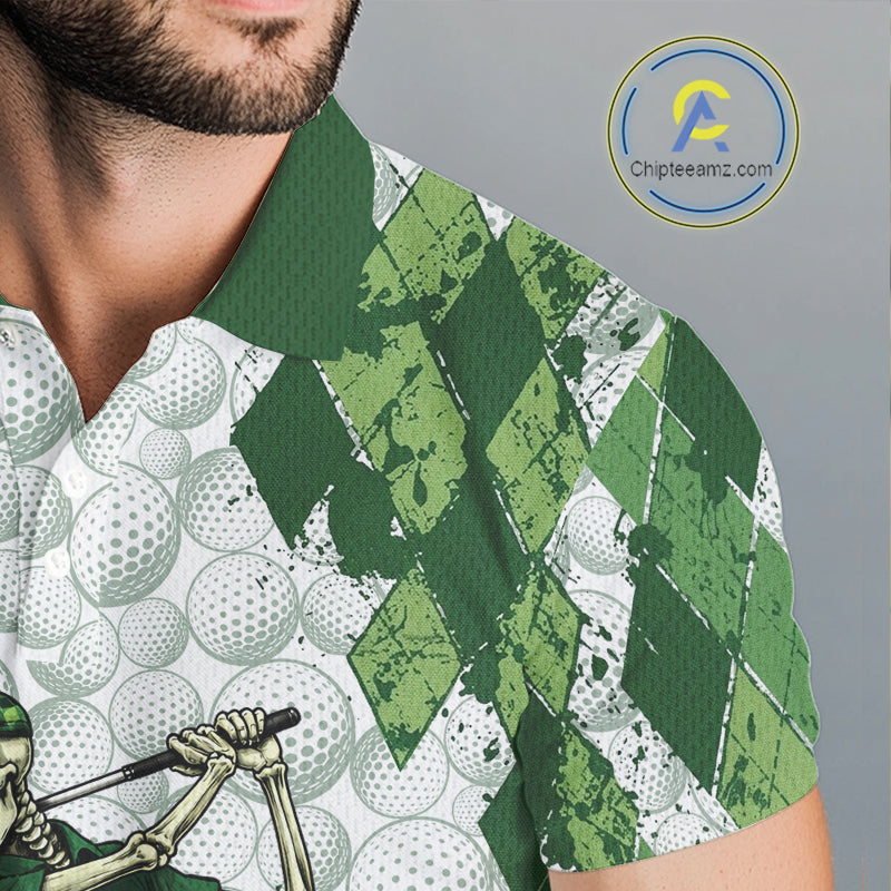 Funny Mens Golf Polo Shirt Custom Green Argyle Pattern Golf Ball Personalized Skull Golf Shirts NYN3100