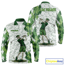 Load image into Gallery viewer, Funny Mens Golf Polo Shirt Custom Green Argyle Pattern Golf Ball Personalized Skull Golf Shirts NYN3100
