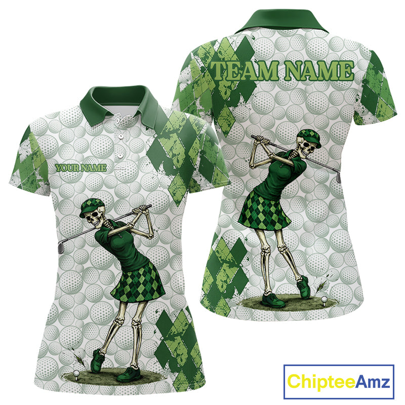 Funny Womens Golf Polo Shirt Custom Green Argyle Pattern Golf Ball Personalized Skull Golf Shirts NYN3100