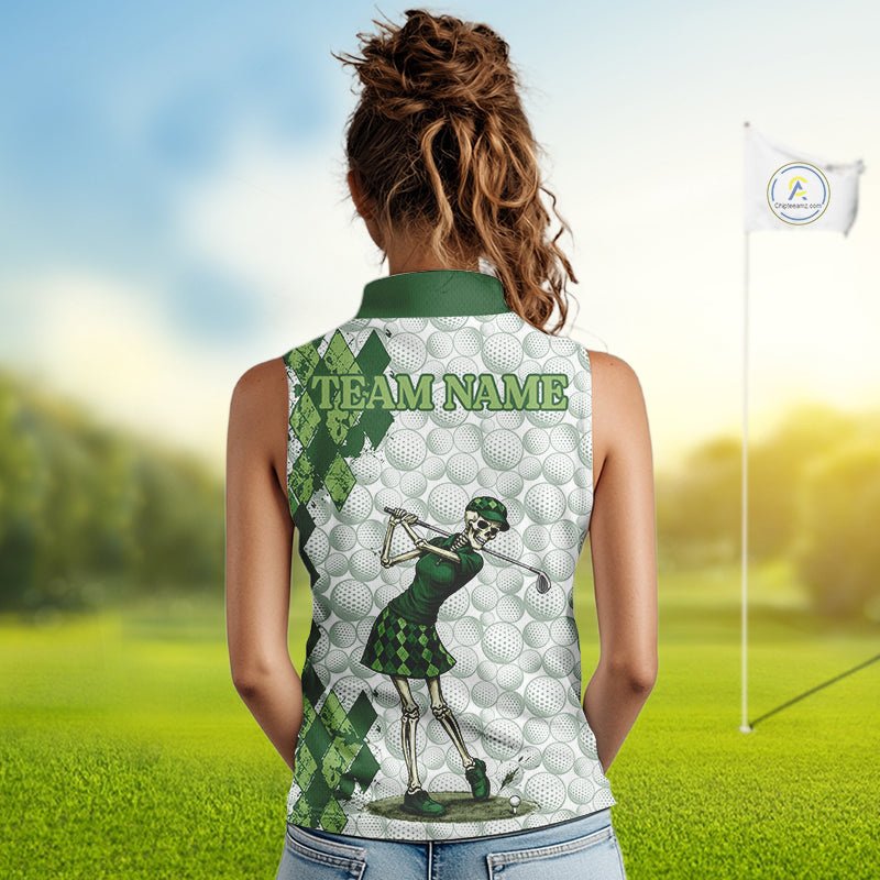 Funny Womens Golf Sleeveless Polo Shirt Custom Green Argyle Pattern Golf Ball Personalized Skull Golf Shirts NYN3100